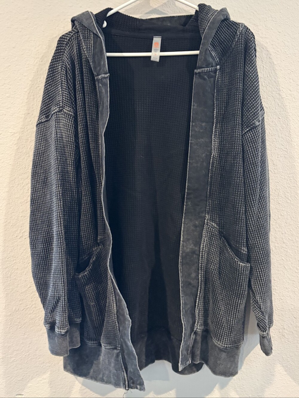 Mono B Womens Classic Casual Washed Black Grey 100% Cotton Waffle Knit Cardigan